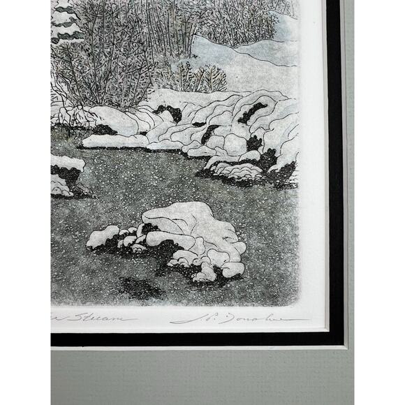 Vintage Leo P Donahue Art Etching New England Winter Stream Signed #158/250 Mat - Picture 4 of 10